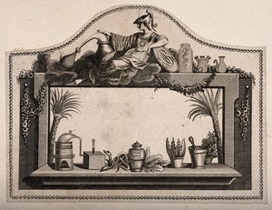 view A design for a pharmacy label containing paraphernalia associated with that discipline. Engraving.