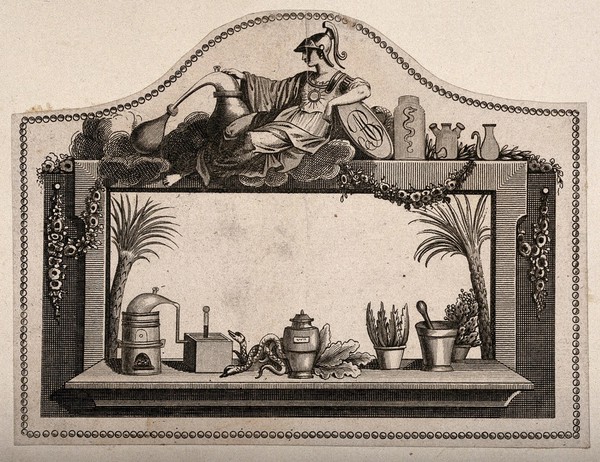 A design for a pharmacy label containing paraphernalia associated with that discipline. Engraving.