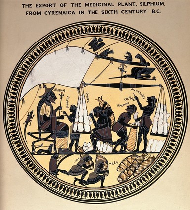 King Arcesilas of Cyrenaica overseeing the packaging of silphium (the country's main source of income) into ships for export. Gouache painting after a Spartan cylix, c. 580-550 B.C.
