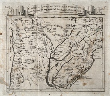 A map of Paraguay and surrounding area, illustrating where cinchona (quinine) was allegedly first discovered in 1626(?). Etching by D.V. Rossi.
