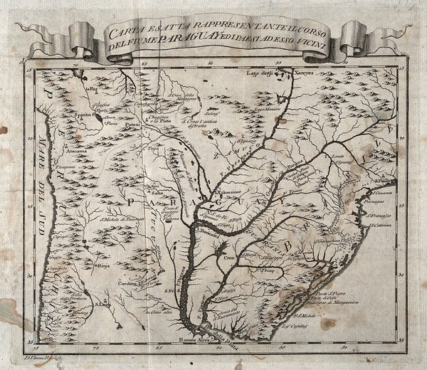 A map of Paraguay and surrounding area, illustrating where cinchona (quinine) was allegedly first discovered in 1626(?). Etching by D.V. Rossi.
