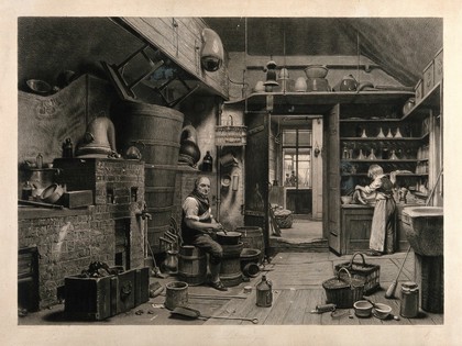 An apothecary, John Simmonds, and his boy apprentice, William, working in the laboratory of John Bell's pharmacy. Engraving by J.G. Murray, 1842, after W.H. Hunt.