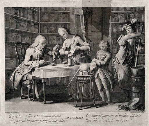An apothecary making up a prescription using scales, his wife holds a recipe for him and two assistants are working with the bellows and pestle and mortar. Line engraving by F. Baretta after P. Mainoto.