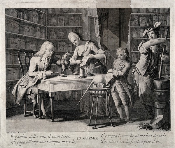 An apothecary making up a prescription using scales, his wife holds a recipe for him and two assistants are working with the bellows and pestle and mortar. Line engraving by F. Baretta after P. Mainoto.