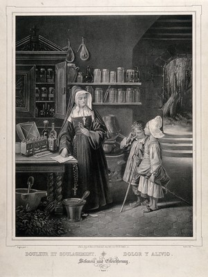 view A nun with two children in a convent pharmacy, surrounded attributes of the trade. Lithograph by André after E. Pingret.