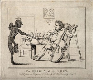 view A gouty man drinking wine and playing the cello; the pain is represented by a devil burning his knee. Etching, 1785, after H.W. Bunbury.