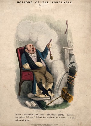 view A man, decrepit with gout, helpless in his own home. Coloured lithograph.