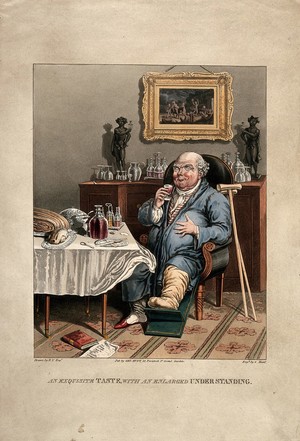 view A gouty man savouring his feast. Coloured aquatint by G. Hunt after E.Y.