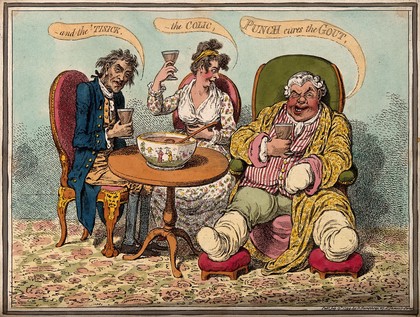 Three people drinking punch as a cure for (right to left) gout, colic, and phthisis. Coloured etching by J. Gillray, 1799.