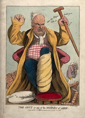 An obese gouty man exclaiming angrily. Coloured etching by N. Heideloff, 1806, after G. Sauley.