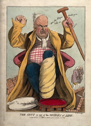 view An obese gouty man exclaiming angrily. Coloured etching by N. Heideloff, 1806, after G. Sauley.