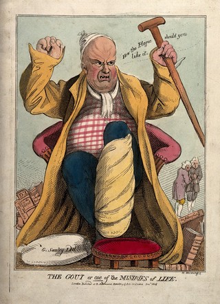 An obese gouty man exclaiming angrily. Coloured etching by N. Heideloff, 1806, after G. Sauley.