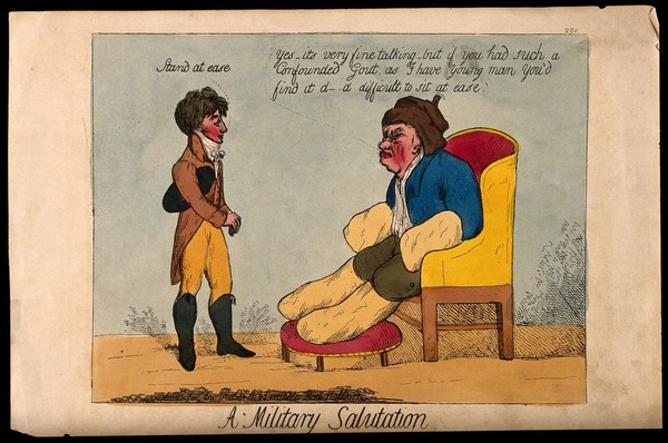 A gouty invalid conversing with a a young man. Coloured etching.