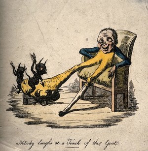 view A gouty man suffering with a painfully enlarged foot; presented by demons prodding it with arrows. Coloured etching, 1814.