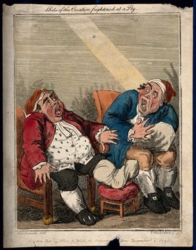 A pair of obese gouty men in night-caps gaping at a fly in fear that it may land on a gouty limb. Coloured etching by I. Cruikshank, 1796, after G.M. Woodward.