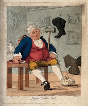 view A gouty man surrounded by horse-riding accoutrements. Coloured engraving by Maddox after H.W. Bunbury.