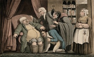 view An obese gouty man with his feet in buckets. Coloured aquatint.