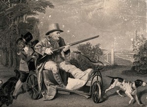 view A gouty man in a Bath chair out shooting with his dogs, his black servant sniggers behind him. Engraving.