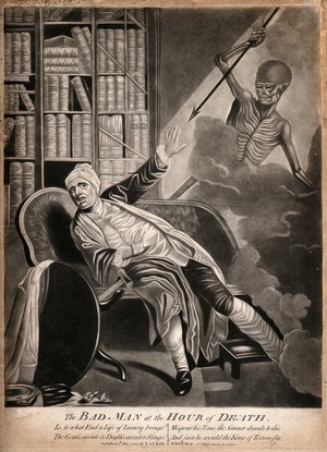 view A gouty man startled by death; represented as a skeletal figure wielding an arrow. Mezzotint, 1794.