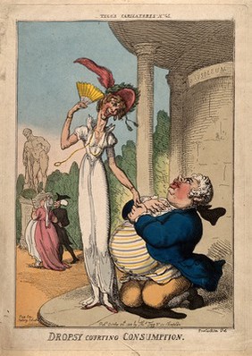 An obese man wooing a tall lean woman outside a mausoleum; representing dropsy and consumption. Coloured etching by T. Rowlandson, 1810.