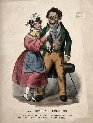 An attractive woman courting a strange looking man; suggesting that beauty is in the eye of the beholder. Coloured lithograph, 1833.