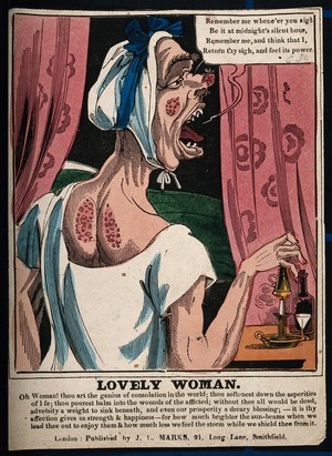 view A carbuncled woman retiring to bed; creating a satirical figure of female vanity. Coloured wood engraving.