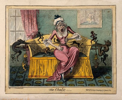 A woman suffering the pain of colic; illustrated by demons tugging on a rope wound around her stomach. Coloured etching by G. Cruikshank, 1819, after Captain F. Marryat.