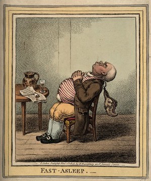 view A man fast asleep with his head back and wig dangling. Coloured etching by J. Gillray, 1806.