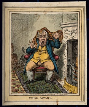 view A man suddenly awakened by two squalling cats. Coloured etching by J. Gillray, 1806.