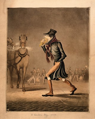 A man covering his mouth with a handkerchief, walking through a smoggy London street. Coloured aquatint.