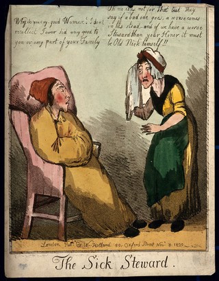 An ill man in cap and gown with a crying woman before him. Coloured engraving, 1800.