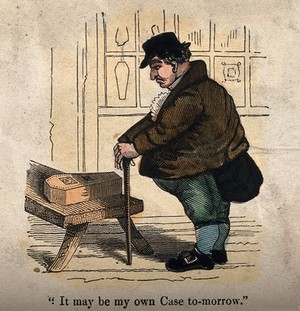 view A large man contemplating a child's coffin. Coloured etching.