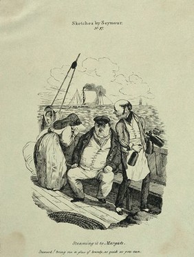 People suffering from seasickness on board a steam boat; off Margate a man asks the steward for a brandy. Lithograph after R. Seymour.