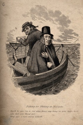 Two men at sea in a fishing boat: one leans over the side, feeling seasick. Reproduction of a nineteenth century engraving.