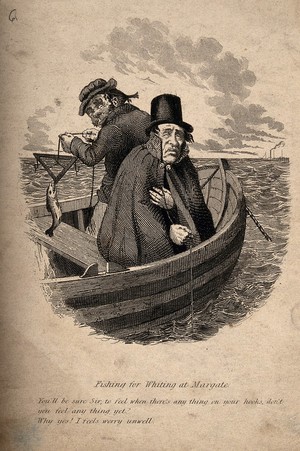 view Two men at sea in a fishing boat: one leans over the side, feeling seasick. Reproduction of a nineteenth century engraving.