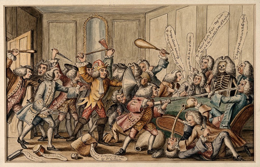 A fight between the Fellows of the Royal College of Physicians and the licentiates of Scotland in 1767. Watercolour.