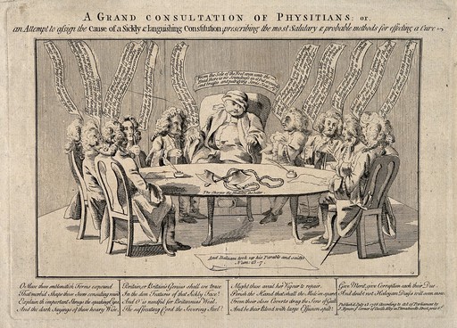 A swollen lethargic patient with ten physicians seated around a table on which are axes and a halter; symbolising England's government and the need for reform. Engraving, 1756.