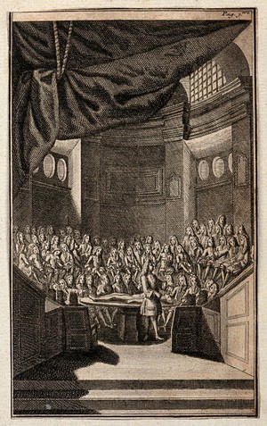 view Pierre Dionis lecturing on surgery at the Saint-Côme lecture theatre in Paris. Engraving by Jean-Baptiste Scotin the younger, 1707.