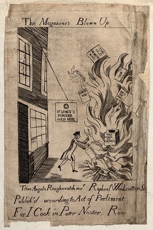 view A man throwing various magazines onto a bonfire. Line engraving.