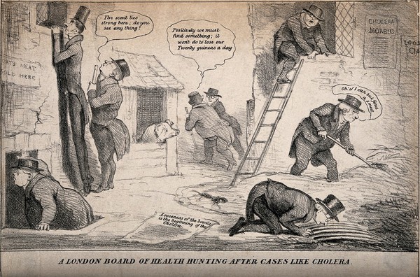 London Board of Health searching the city for cholera during the 1832 epidemic. Lithograph, 1832.