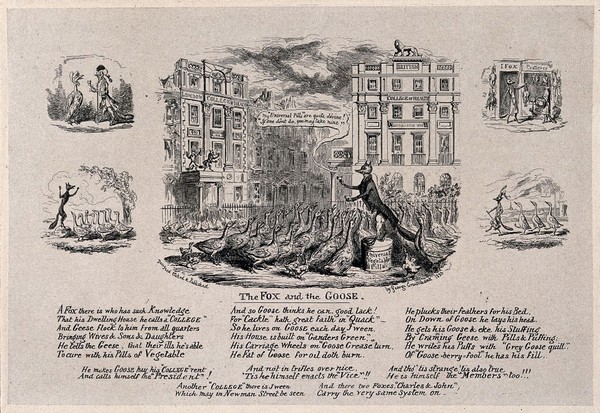 James Morison promoting his alternative medicines; satirised by five vignettes of a fox among geese. Etching by G. Cruikshank, 1833, after himself.