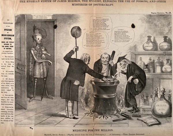 A skeletal figure surveying three doctors around a cauldron, a parody of Macbeth and the three witches; promoting James Morison's alternative medicines. Lithograph.