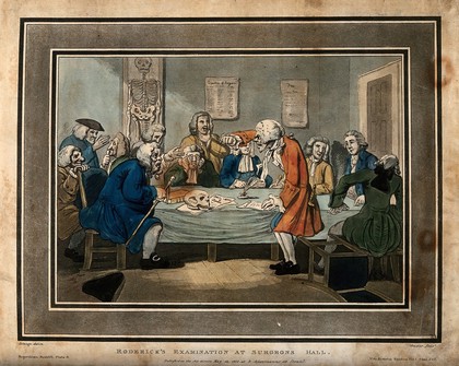 Roderick Random (a licentiate from Scotland) facing a board of medical examiners at Surgeons Hall. Coloured aquatint by J. Stadler, 1800, after S. Collings after T. Smollett.