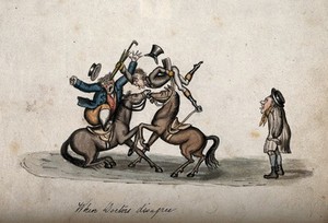 view Two doctors on horseback in violent confrontation; showing the hostility provoked when a difference of opinion arises in the medical profession. Watercolour.