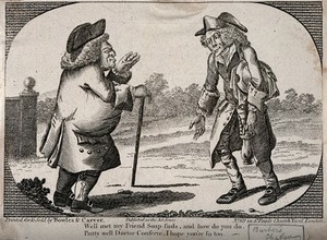 view A doctor meeting a barber in a country setting. Engraving.