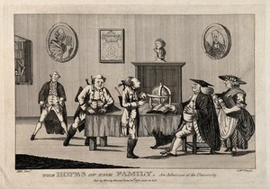 view A young man, in the presence of his father, is examined by an academic for admission to university. Etching by J. Williams, 1772, after H.W. Bunbury.