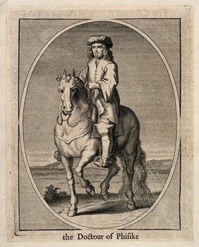 A doctor on horseback. Engraving.