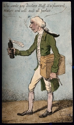 view Henry Addington, Lord Sidmouth, holding a bottle of medicine. Coloured etching by C. Williams, 1807.