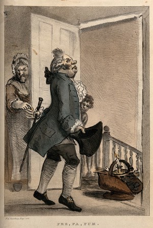 view A doctor exacting payment for a house-call from a disgruntled patient. Lithograph after H.W. Bunbury.