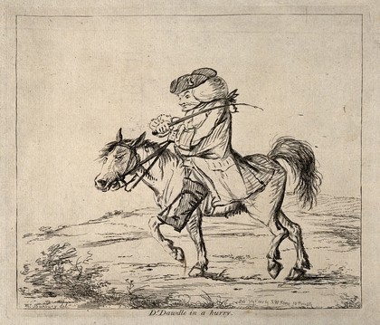 A vexed doctor on horseback. Etching, 1801, after H.W. Bunbury.